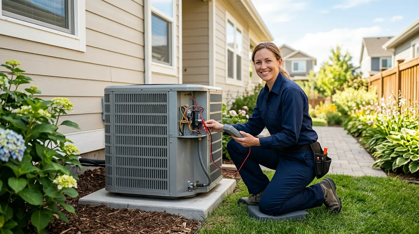1 Step Colder technician servicing an outdoor air conditioning unit