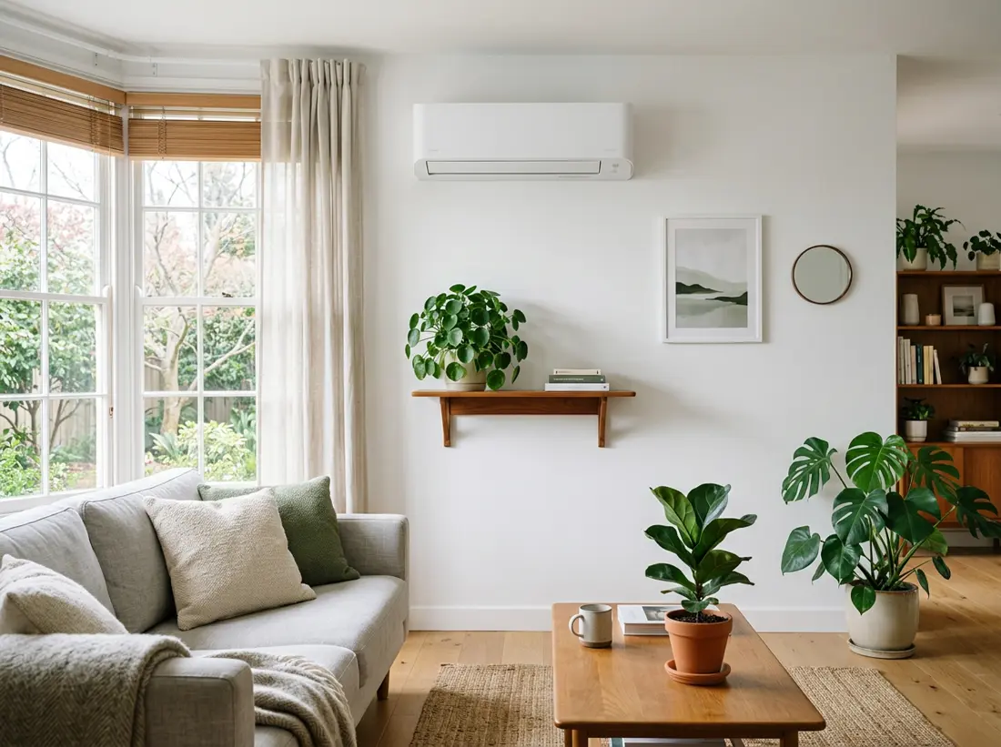 Ductless mini-split air conditioner installed in a bright living room