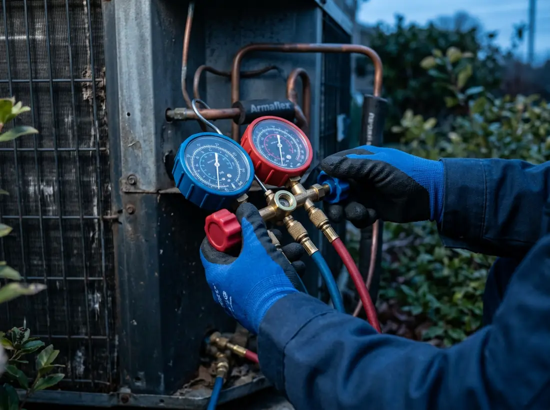 Technician checking refrigerant pressure gauges on an outdoor AC unit